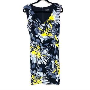 Adrianna Papell Black & Yellow Floral Side Twist Jersey Dress Size 6